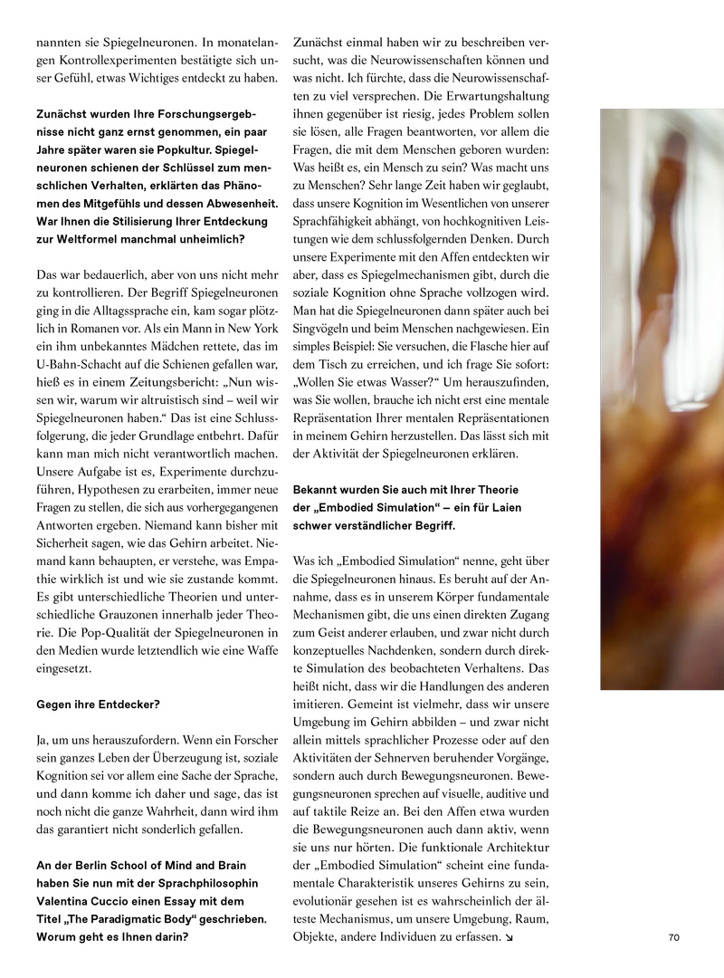 Christina Bylow: Gespräch mit Vittorio Gallese, in Albert Ausgabe 2/16, Seite 70, Foto: Florian Büttner