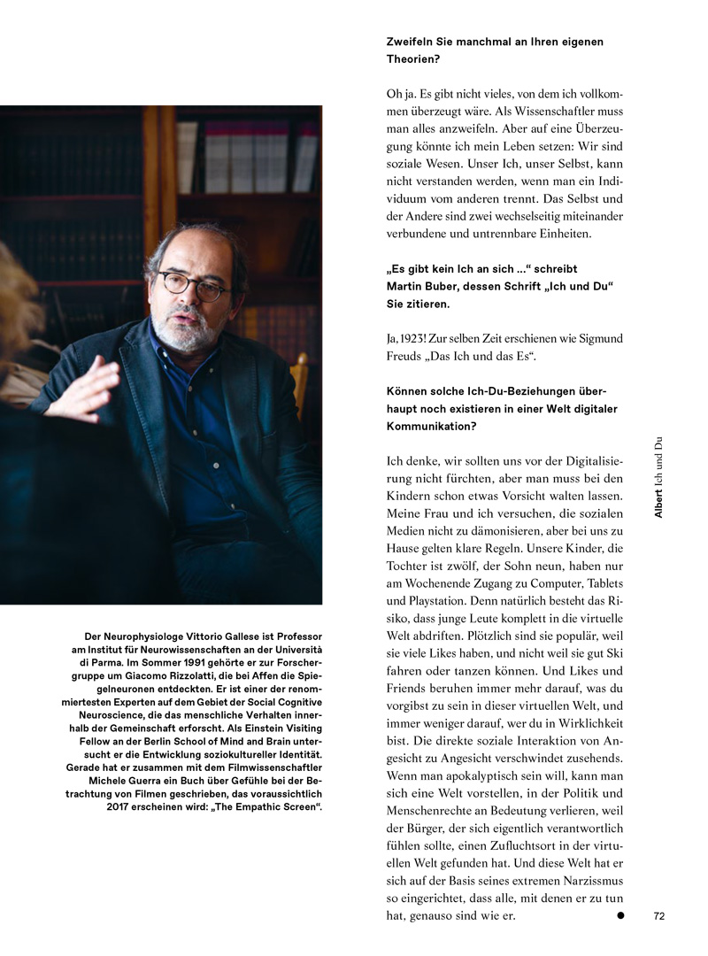 Christina Bylow: Gespräch mit Vittorio Gallese, in Albert Ausgabe 2/16, Seite 72, Foto: Florian Büttner