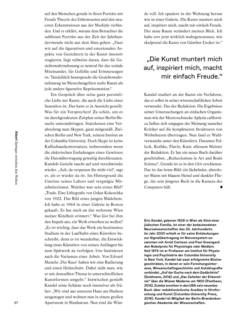 Christina Bylow: Porträt Eric Kandel in Albert Nr. 02/16, Seite 57